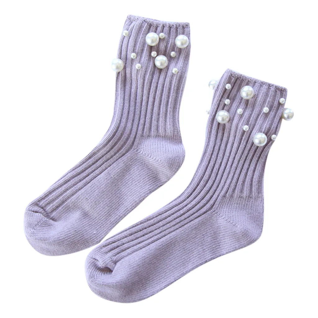 Носки с жемчугом, женские повседневные милые дышащие хлопковые носки, стандартные однотонные женские носки, stopki skarpetki damskie