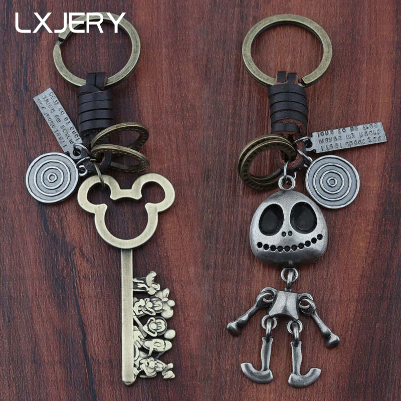 

LXJERY Minnie Mickey the Mouse Jack Skellington Keychain Punk Leather Weave Key Ring For Women Bag Charm Pendant Key Chain Gifts