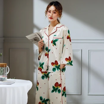

Fashion Women Leisure Silk Satin Pajamas Set Long Sleeve Sleepwear Sets Two-Piece Nightwear Loungewear Elegant Female Pajama