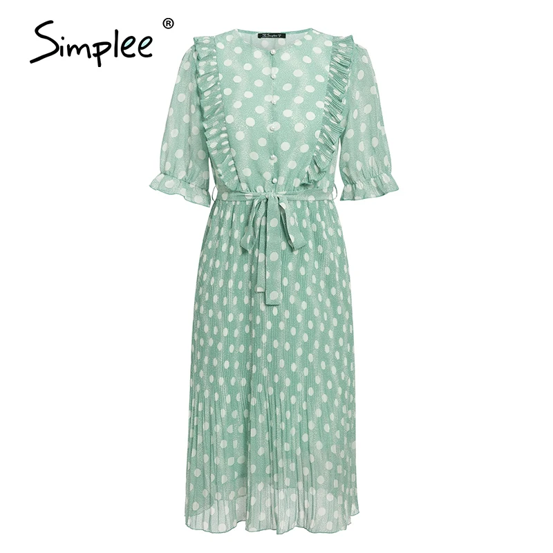 Simplee Elegant dot print women summer dress Short sleeve ruffle sash female midi dress Pearl buttons a-line ladies green dress