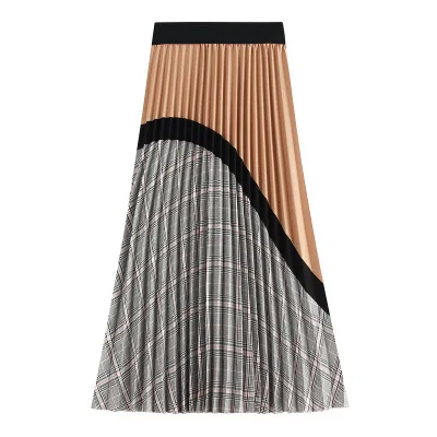 Бархатная длинная Плиссированная юбка женская мода осень зима корейский контрастный цвет А-силуэт миди-юбка с высокой талией Женская - Цвет: Khaki