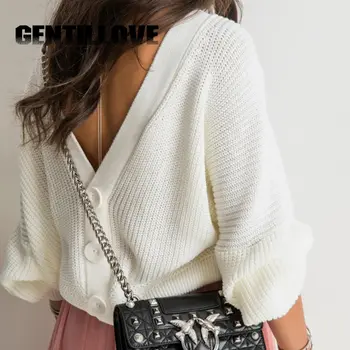 

Women Autumn Solid Color Knitted Sweater Winter Jumper Long Sleeve V Neck Knitting Tops Open Back Button Sexy Fashion Sweaters