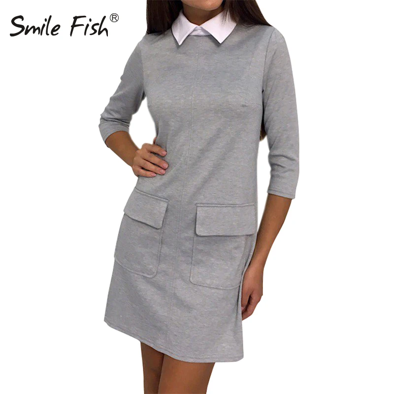 Женское офисное платье с отложным воротником и карманами мини Осень зима 2019