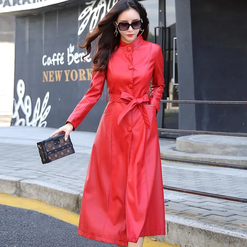 Red Plus Cotton Модная Осенняя X-Long женская черная кожаная куртка зимнего размера плюс 5XL однобортное тонкое пальто из искусственной кожи Женская ветровка - Цвет: Red Plus Cotton