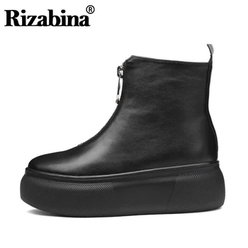 

RizaBina Real Leather Women Ankle Boots Winter Zipper Black Whiter Boot Warm Platform Sexy Flat Heel Shoes Footwear Size 34-39