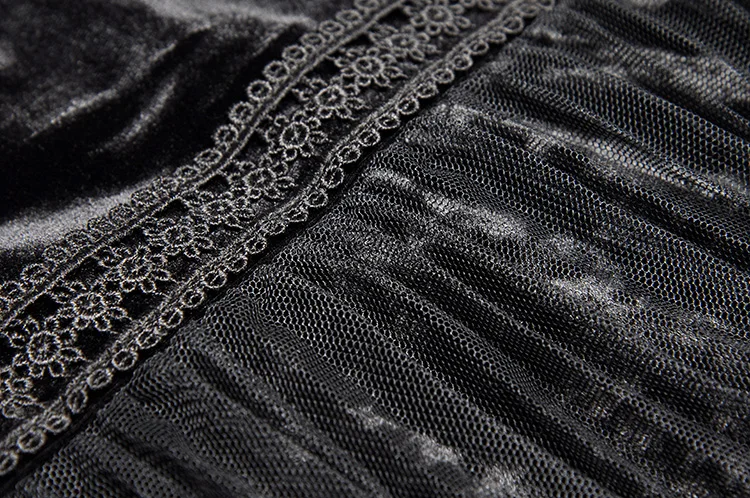 LINGHAN Vintage black Mesh Patchwork Party Dress Women Elegant Embroidery Lantern Sleeve Velvet Dresses Designer New