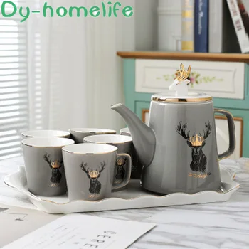 

2020 Year Ceramics Coffee Tea Set Outline In Gold Deer Head Grey White Tea Pot Cup Tray Set Home Decoration Accessories