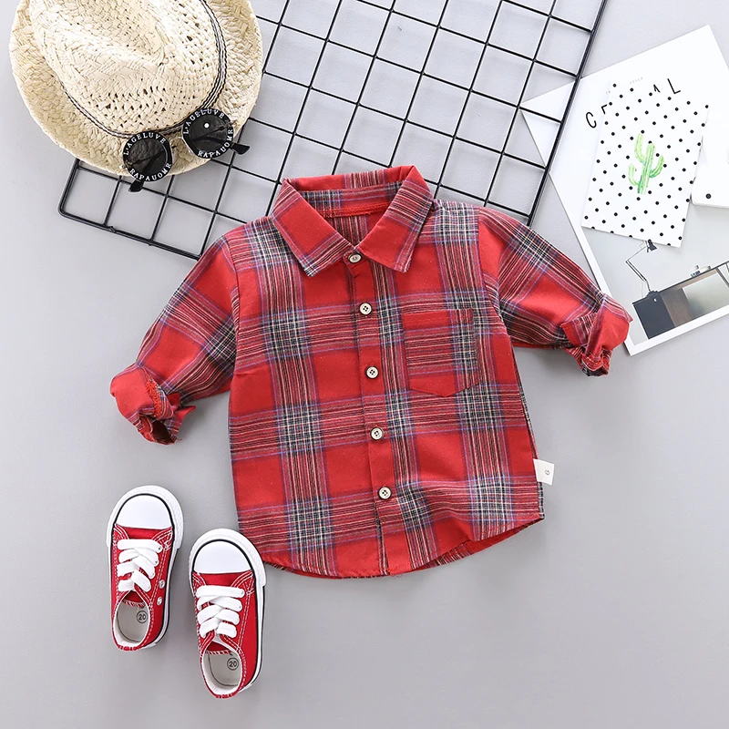 Весенне-Осенняя детская рубашка в клетку блузки из хлопка с длинными рукавами Повседневные рубашки одежда для детей от 1 до 4 лет, рубашка для мальчиков и девочек, одежда
