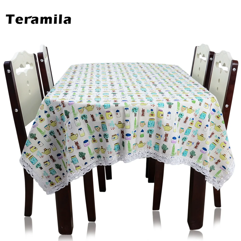 

Teramila Cotton Linen Rectangular Dining Tablecloth Lace Edge For Home Party Mantel Wedding Dustproof Vintage Table Cover Square