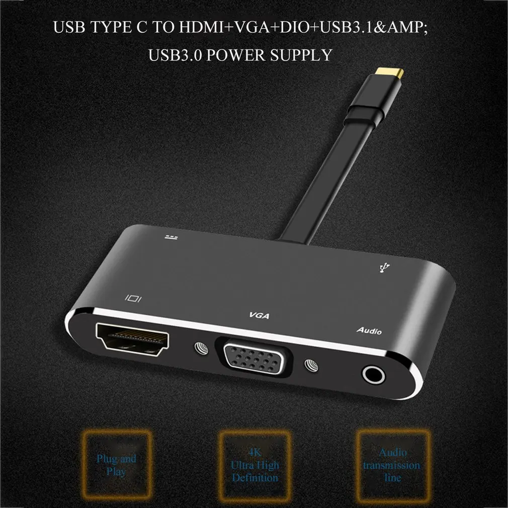 Usb type C концентратор адаптер 4K type-C к HDMI/VGA/3,5 мм аудио разъем/USB 3,0 порт/PD конвертер для ноутбука ПК компьютер