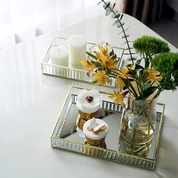 

Glass Mirror Tray Black Metal Edge Red Wine Plate Decorating Storage Tray Cake Tools Home Decoration