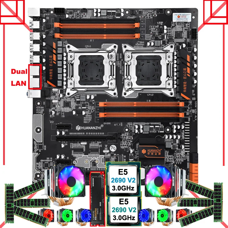 #^Special Price HUANANZHI X79-8D motherboard with M.2 500G NVMe SSD dual CPU Xeon E5 2690 V2 with 6 tubes coolers RAM 128G(8*16G) 1866MHz RECC