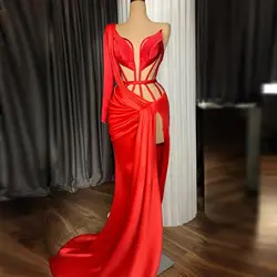 Sexy Prom Dress Red High Side Slit Long One Shoulder Satin Red Carpet Prom Dress Formal Evening Dress платье женское платье