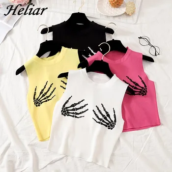 

HELIAR Female Chic Cami Finger Bone 2019 Summer Crop Top Vest Personalise Tank Tops Femme Cotton Knitting Women loose Tank Tops