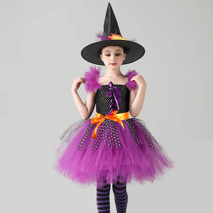 Classic Witch Girls Tutu Dress with Hat Child Halloween Costume Cosplay Carnival Party Princess Kids Wicked Witch Tulle Dresses (5)