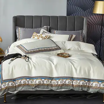 

Sateen like Silk and Cotton Duvet Cover set Delicate Print Edge 4Pcs Bedding Set Soft Bed Sheet Comforter Cover Pillow shams