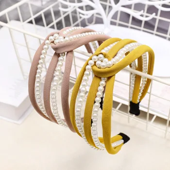 

2020 Woman Nail Pearl Velvet Hoop Hair Band Pearl Headband Fashion Knotted Headband Pearl Knotted Hair Accessories