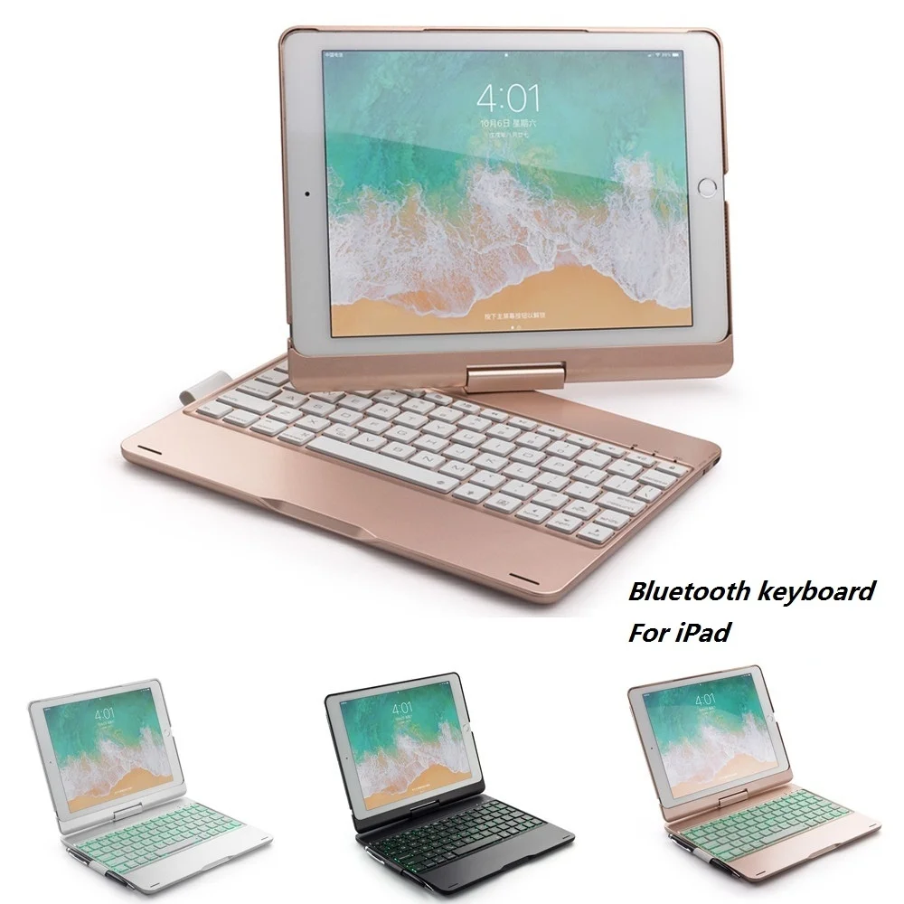 

360 Rotation Case For iPad 2017 2018 9.7 7 Colors Backlit Light Wireless Bluetooth Keyboard Cover Case For iPad Pro