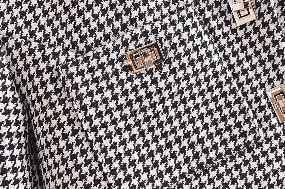 Retro French Style Green Check Plaid Weavon Cropped Blazer Women Notched Metal Buckle Buttons High Waist Suit Short Coat Outwear