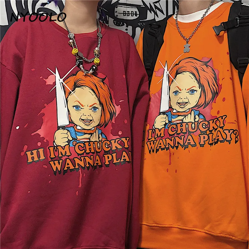NYOOLO Harajuku стиль мультфильм Чаки буквы печати теплая толстовка осень зима o-образным вырезом пуловер плюс бархат толстовка для женщин и мужчин