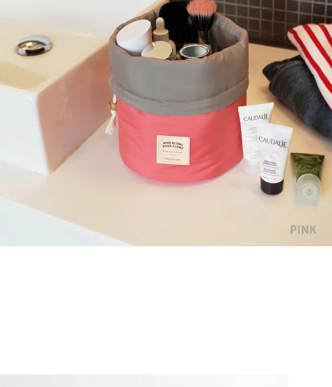 New Beautician Barrel Shaped Travel Cosmetic Bag Nylon High Capacity Drawstring Drum Wash Bags Makeup Organizer Storage