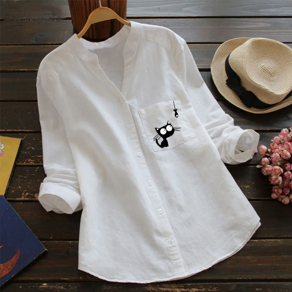 

Women Cat Printed Pocket T-Shirt V- neck Casual Long Sleeve Shirt Button Down Tops Autumn Clothes Chemise Femme