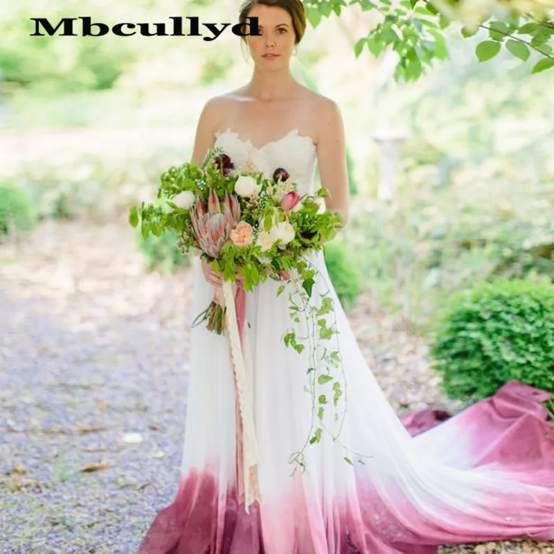 

Mbcullyd Colorful Pink Beach Wedding Dresses 2020 Flowing Chiffon Lace Wedding Dresses Sheer Backless Boho Vestido de noiva