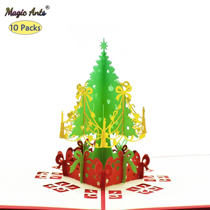 10 Pack Merry Christmas Tree Pop-Up Cards with envelope Stickers Laser Cut New Year Greeting Santa Gifts Card Handmade | Дом и сад