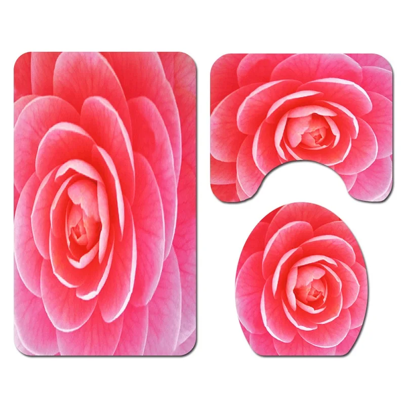 Flower Printing Pattern Bathroom Waterproof Shower Curtain Set Pedestal Rug Lid Carpet Toilet Cover Bath Mat Set