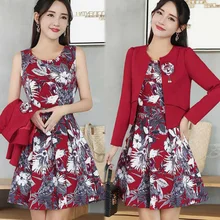 Весна осень элегантный Леди Женский комплект 2 шт. шикарный длинный рукав короткая куртка и без рукавов платье с принтом комплект из двух предметов SL353