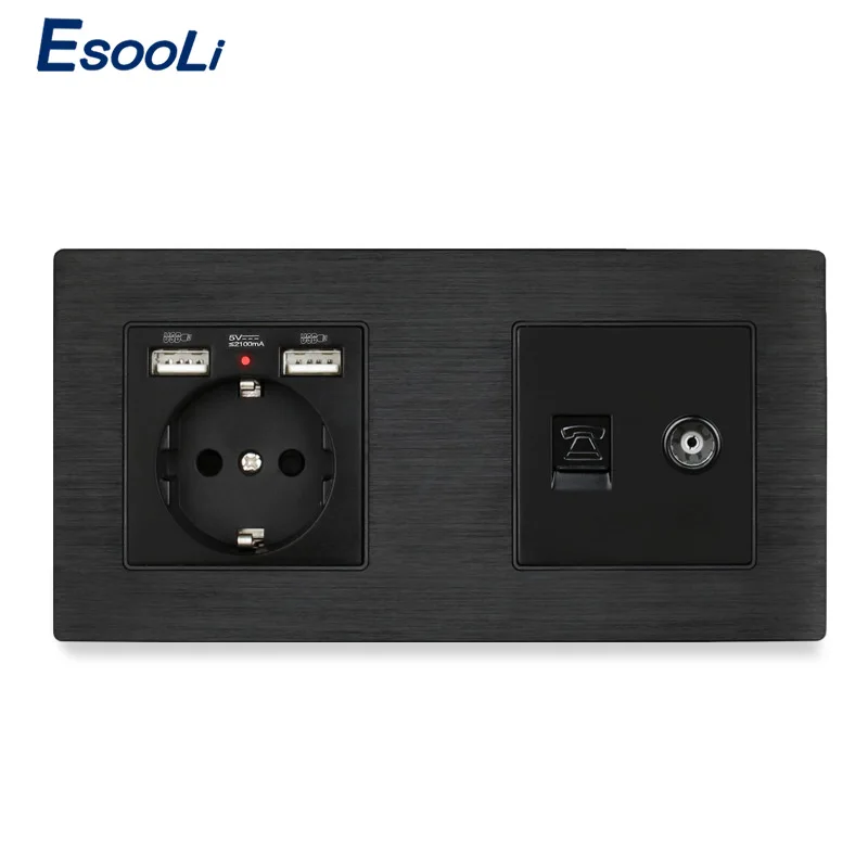 Esooli алюминиевая металлическая панель ЕС стандартная розетка с USB+ 1 банда женский ТВ разъем с CAT5E RJ45 Интернет компьютерный разъем для передачи данных - Тип: 172 Black Socket