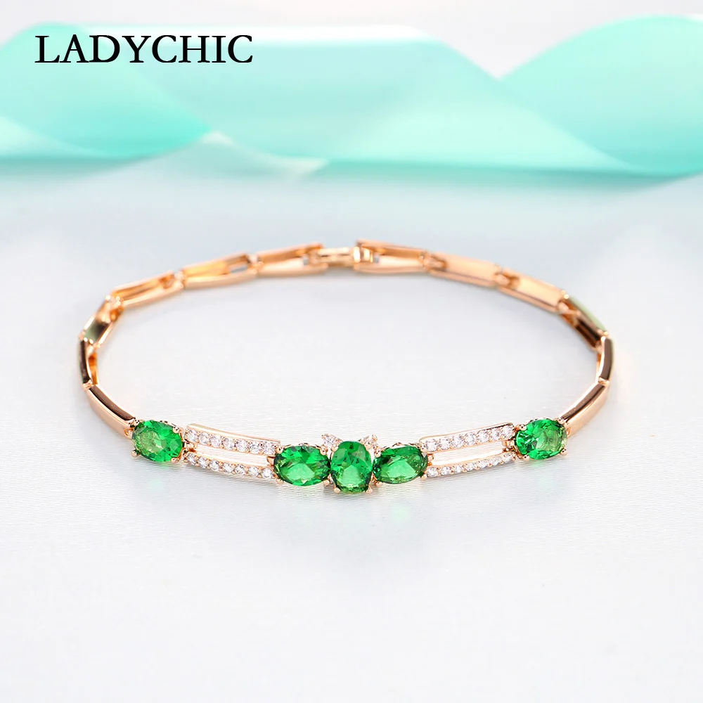 LADYCHIC красивый зеленый кристалл браслет для женщин Модный Сияющий кубический циркон золотого цвета браслеты Высокое качество ювелирные изделия LB1019