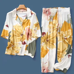 Spring Summer Sleep Lounge Women 100% Cotton Pajamas Sets European Sleepwear Pyjama Femme Flower Print Pijama Nightwear
