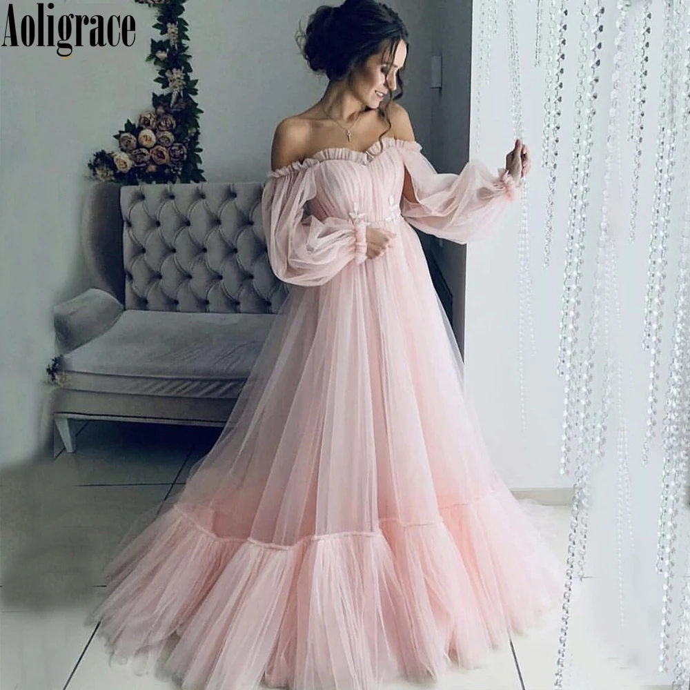 

Blush Pink Tulle Evening Dresses 2020 Off the Shoulder A-Line Long Sleeves Sweetheart Long Evening Party Gown for Women Vestidos