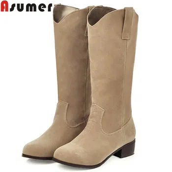 

ASUMER big size 34-43 fashion autumn winter boots round toe mid calf boots flock med heels slip on women boots 2020 new