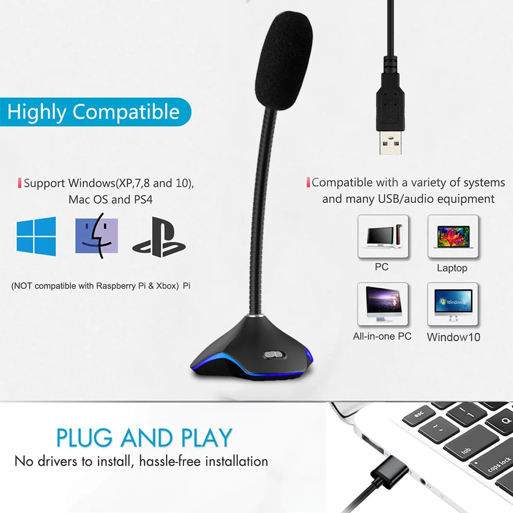 avec lumi/ère RGB,pour Youtube XIAOKOA Microphone /à Condensateur,Micro USB pour PC Compatible avec Windows//Mac // PS4 Enregistrement,Jeux Skype