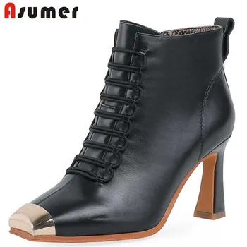 

ASUMER 2020 new fashion Cow genuine leather boots high heels metal toe anke boots spring autumn comfortable women shoes boots