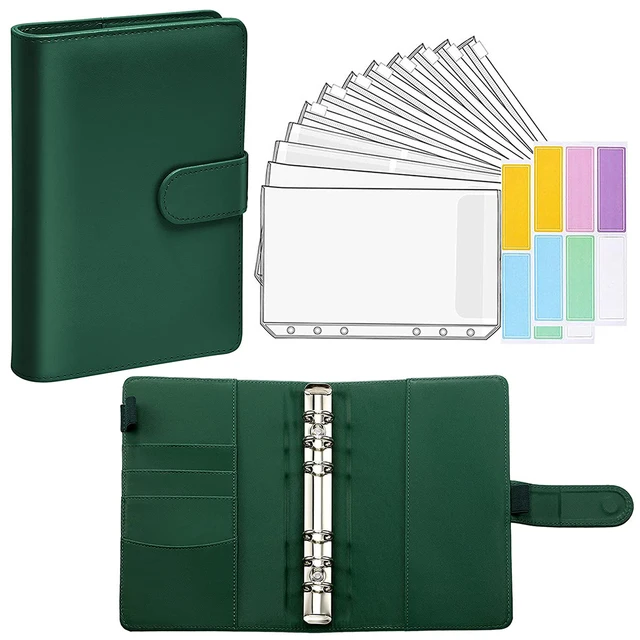 15 Pieces Binder Budget Planner Cash Envelope Binder with Budget Envelopes A6 Binder Pockets Cash Envelope Wallet for Budgeting Dark green-14pcs