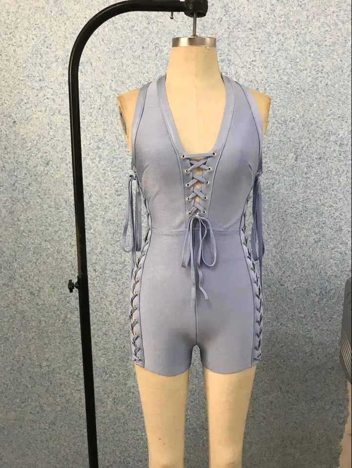 Новое поступление, синий вечерний бандажный комбинезон знаменитостей, сексуальный женский комбинезон без рукавов, однотонный Облегающий комбинезон на шнуровке с открытой спиной и v-образным вырезом, летний праздничный костюм - Цвет: Небесно-голубой