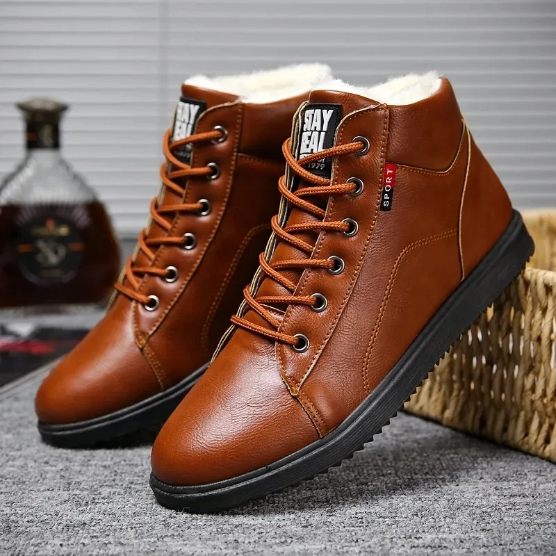 Waterdichte Pu Lederen Laarzen Heren Winter Pluche Opgewarmd Casual  Sneakers Jongens Mooie Britse Booties Mannen Enkellaars|Eenvoudige Laarzen|  - AliExpress