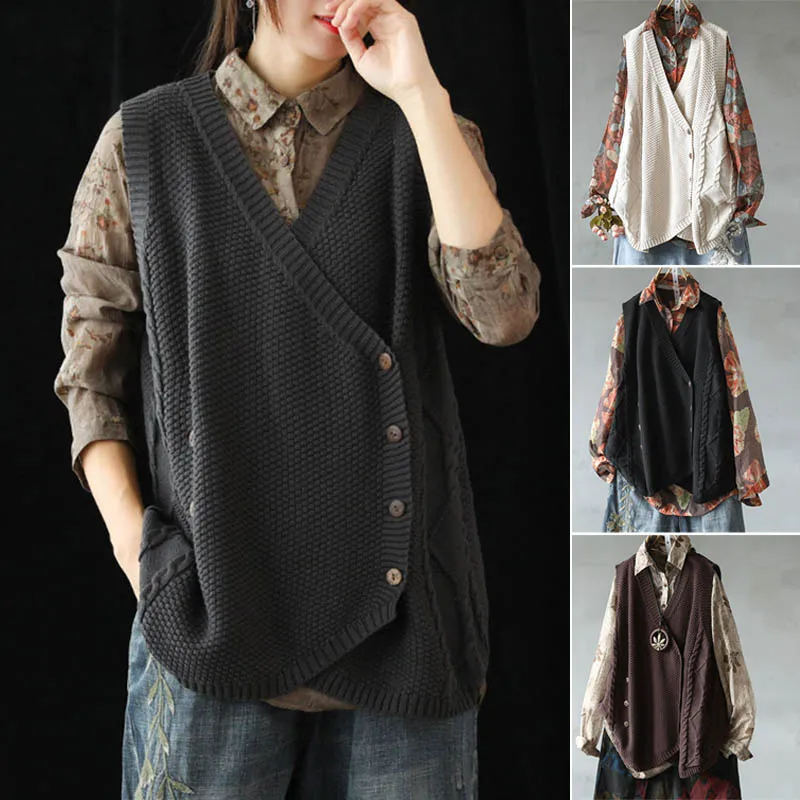 

Women Sweater Vest Sleeveless Loose Button Down V Neck Solid Color Knit Vest LF88