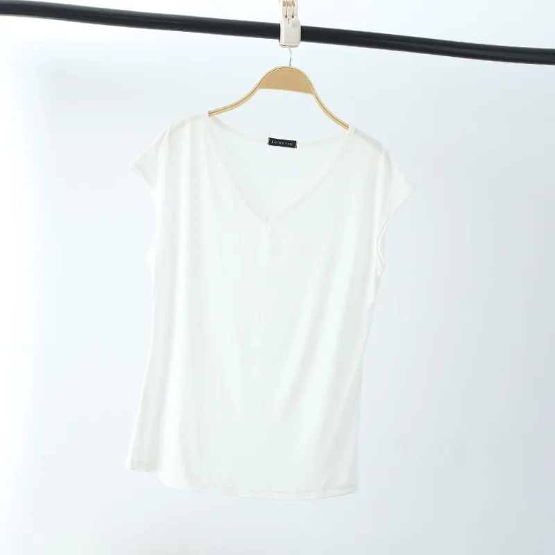 Solid V Neck Basic Tshirt Women summer modal Loose Tee Tops Casual undershirt M to 2XL235_voghion.com