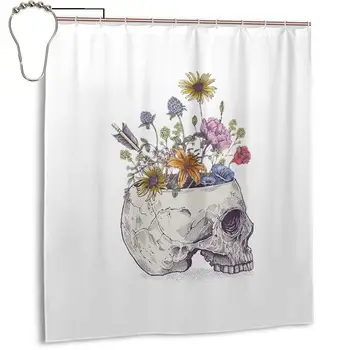 

Half Skull Shower Curtain Panel 66x72 Inch Metal Hooks 12 Pack Extra Long Black Geometric Decor Fabric Bathroom Set Polyester