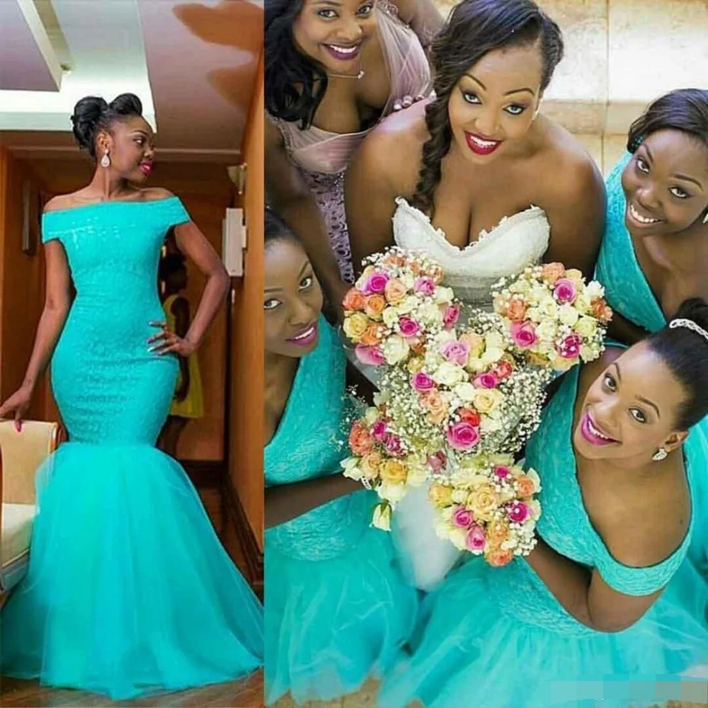 

vestido madrinha Turquoise Long Mermaid Bridesmaid Dresses 2019 Off the Shoulder Lace Plus Size Formal Maid of Honor Bridal gown