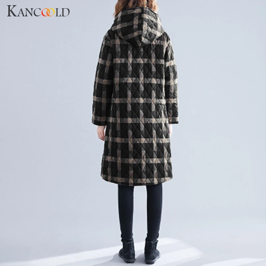 KANCOOLD, зимняя, толстая, хлопковая куртка, длинная, большой размер, теплая куртка, женская мода, решетка, толстая, теплая, ветрозащитная, свободная куртка