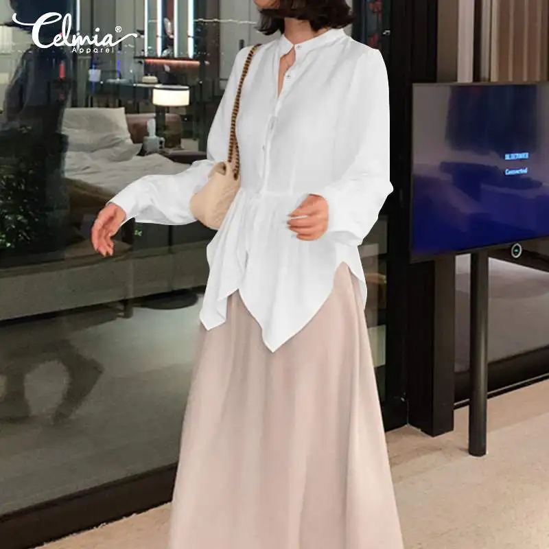 

Women Vintage White Blouses Celmia 2020 Autumn Long Sleeve Crew Neck Asymmetrical Tunic Tops Plus Size Casual Office Shirts 5XL