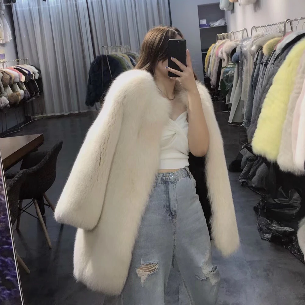 beige OFTBUY, роскошная зимняя куртка, Женская Повседневная шуба из натурального меха, натуральный Лисий мех, уличная одежда, корейская мода - Цвет: beige