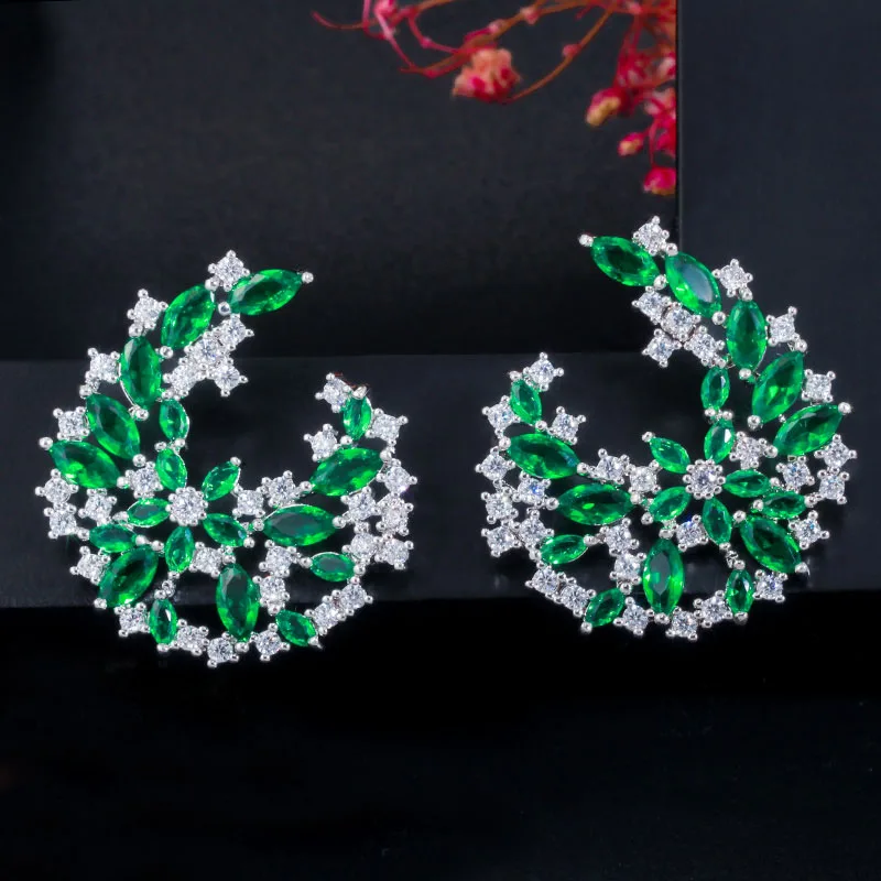 green CWWZircons уникальный элегантный дизайн серебряный цвет большой лист цветок желтый топаз Кристалл Висячие серьги для женщин модное ювелирное изделие CZ621 - Цвет камня: green