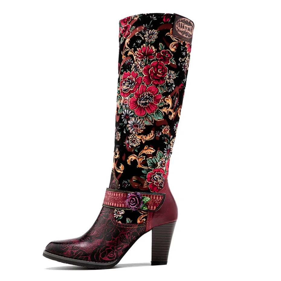 Autumn Winter Distressed Retro Women Riding Boots Three-Dimensional Flower Warmth Women High Heels Knee-High Zipper Boots Shoes (5)