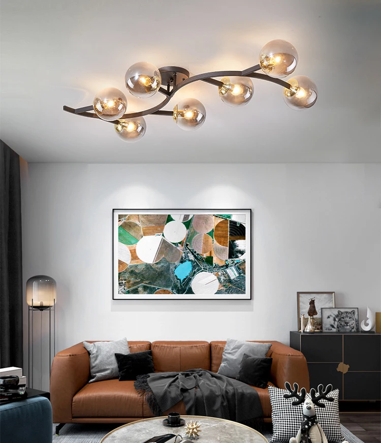Modern Glass Ball LED Ceiling Lamp For Bedroom Creative Tree Branch Ceiling Lam/ Light Fixture Lustre Luminaire Lampara